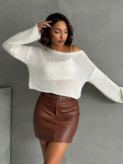 Brown Vegan Leather Belted Skirt