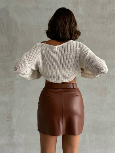 Brown Vegan Leather Belted Skirt