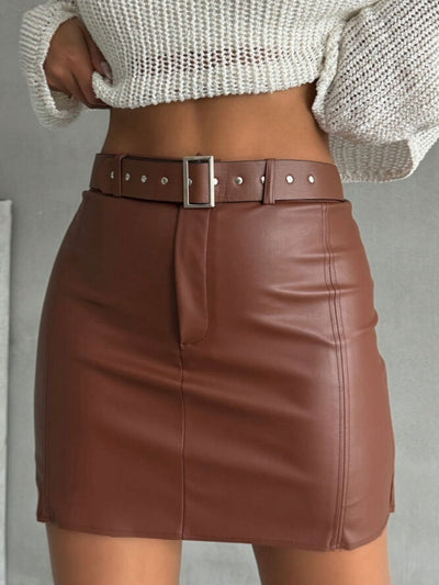 Brown Vegan Leather Belted Skirt