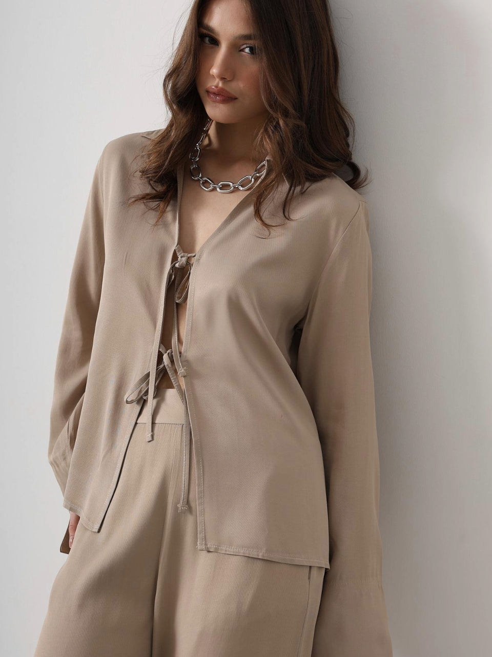 Front-Piped Blouse and Pants Set