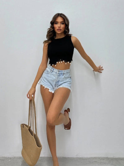 Seashell Fringe Black Crop Top