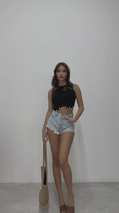 Seashell Fringe Black Crop Top